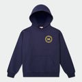 Navy blue hoodie with a logo on the chest against a light gray background