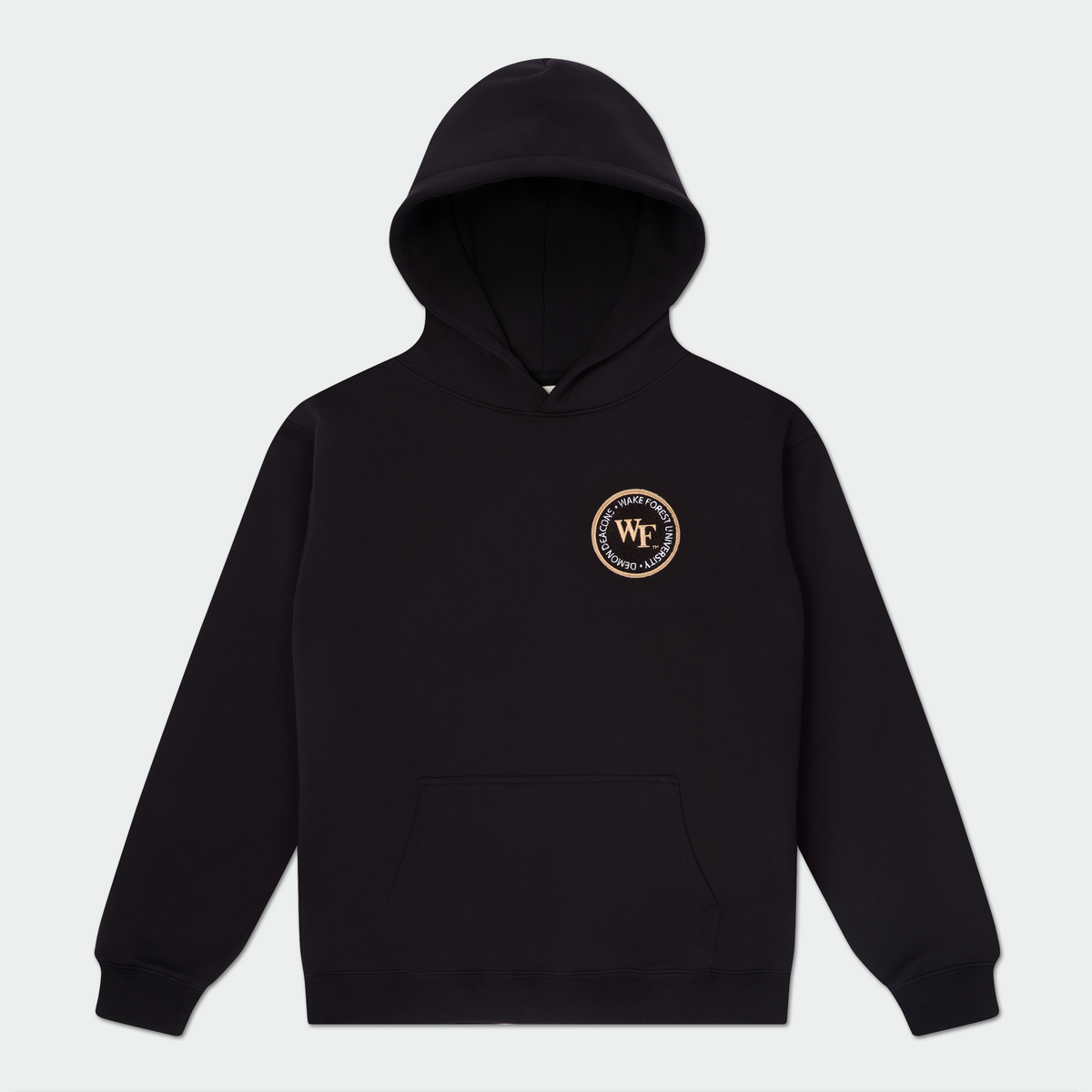 A black pullover hoodie with a small circular gold and white 'WF' logo on the left chest, displayed on a light gray background.